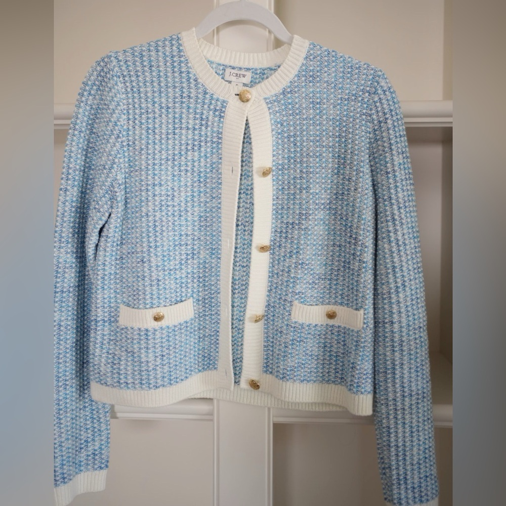 J. Crew Blue and White Knit Cardigan